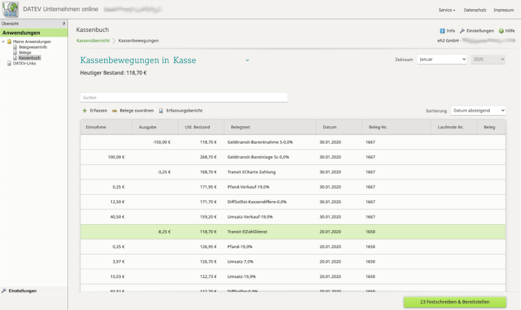 DATEV Unternehmen Online Kassenbuch